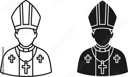 Catholic Pope or bishop, featuring the traditional MITRE hat and vestments adorned with crosses. church priest, pope icon,  symbols for religious, spiritual, or historical content. 