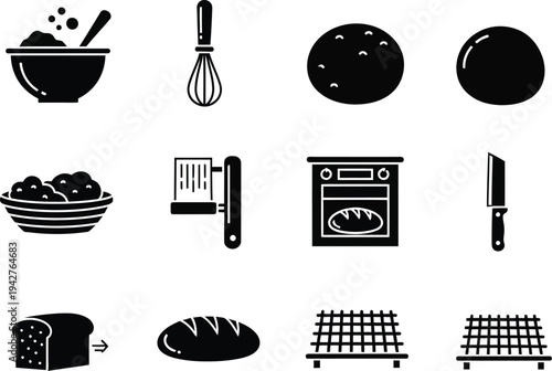 Baking and bread making tools. Mixing bowl, a whisk, a loaf of dough, a proofing basket, a dough lame/scorer, an oven, baked bread, and a cooling rack. 