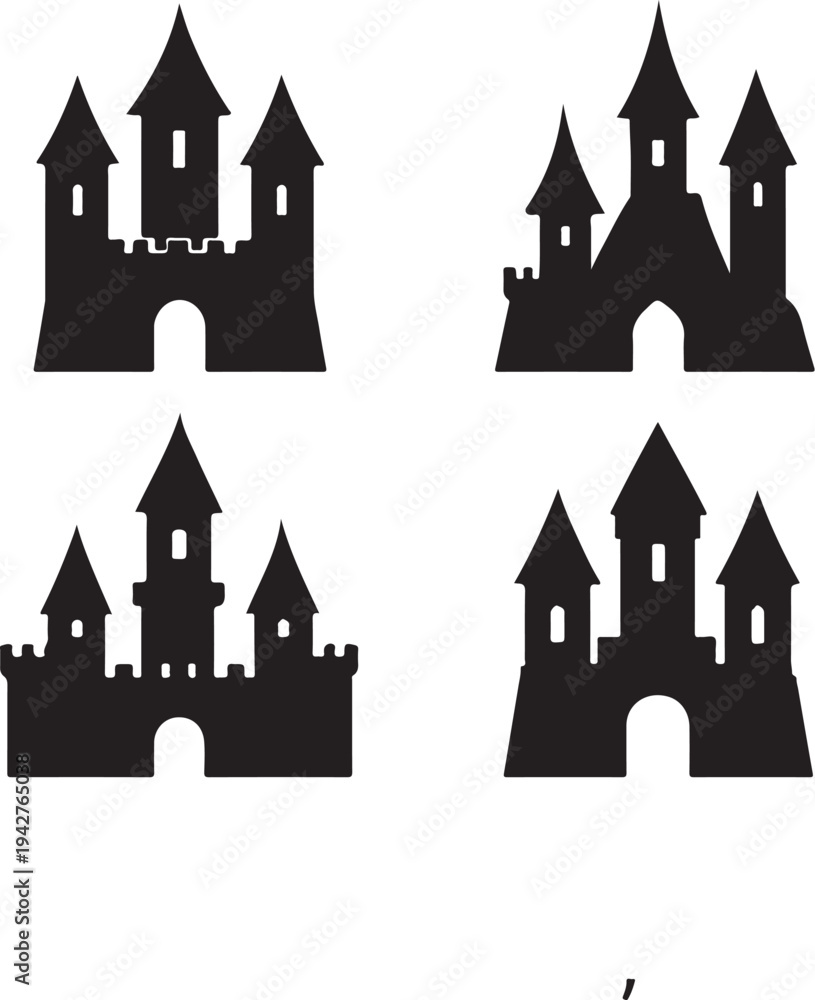 Fototapeta premium Print Castle Silhouette Icons Set – Medieval Fairy Tale Fortress Vector Collection