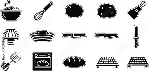 Baking and bread making tools. Mixing bowl, a whisk, a loaf of dough, a proofing basket, a dough lame/scorer, an oven, baked bread, and a cooling rack. 