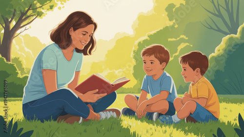 Woman reading book to two young boys in a sunny park with trees and green grass