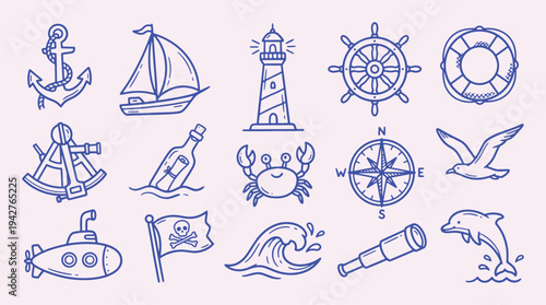 Nautical marine doodle collection with clean outline line drawing. Anchor, sailboat, lighthouse, dolphin, submarine. Cute ocean elements for coloring pages, travel design.