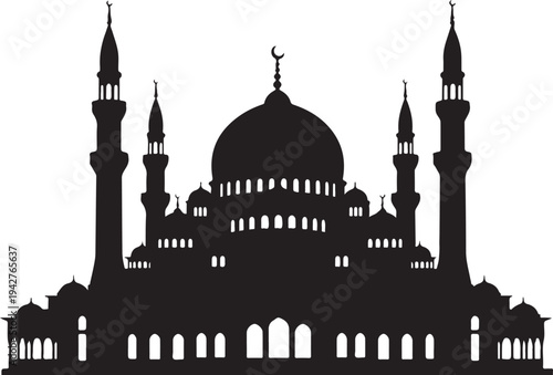 Vector silhouette of a mosque with minarets and dome