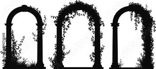 Collection of Professional Archway Silhouettes Featuring Elegant Classical Pillars and Decorative Ivy Vines for Architectural Design Garden Landscaping and Romantic Wedding Event Background Elements