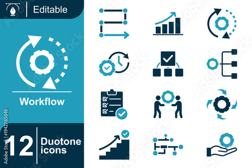 Workflow icon set. Business workflow management, process automation, productivity system, task planning structure, project organization, operational process and more. Duotone vector icons collection.