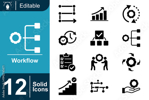 Workflow icon set. Business process system, workflow automation, productivity management, project steps organization, team collaboration process and more. Solid vector icons collection.