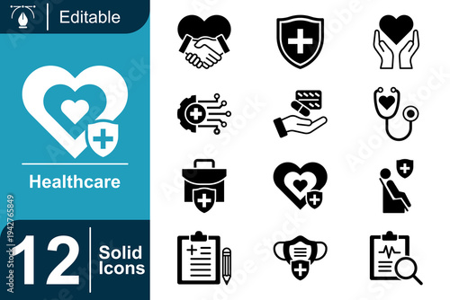Healthcare icon set. Medical care system, hospital services, health protection, doctor support, treatment medicine, patient healthcare and more. Solid vector icons collection.