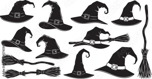 Black Witch Hats and Brooms Silhouette Halloween Collection Set