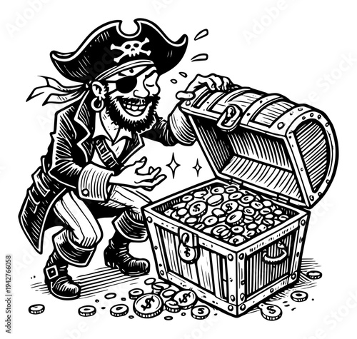Pirate Character with Open Treasure Chest Full of Gold Coins Vector Sketch Illustration Fun Coloring Page Design