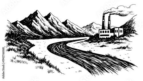 Industrial Mountain Landscape with Factory and Winding Road Hand Drawn Woodcut Style Vector Illustration for Nature vs Industry Concept
