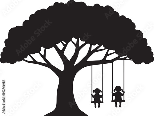 Silhouette of two girls on swings under a tree