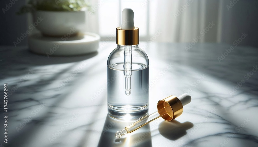 Naklejka premium Clear Serum Bottle with Dropper on Marble Surface with Natural Light.