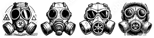 Gas Mask Respirator Set with Biohazard Symbol Vector Illustration Post Apocalyptic Survival Equipment Sketches