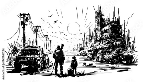 Post Apocalyptic Wasteland Landscape with Survivors and Wrecked Vehicles Vector Sketch Dystopian Sci-Fi Scenery
