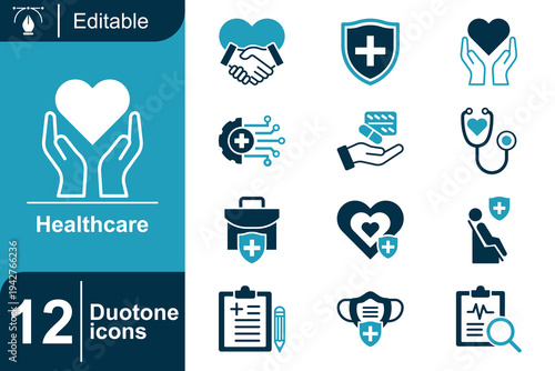 Healthcare icon set. Medical services, hospital healthcare system, doctor consultation, medicine treatment, patient protection, health monitoring and more. Duotone vector icons collection.