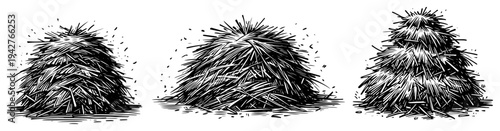 Haystacks Collection Vector Sketch Set Dried Grass Straw Piles for Rural Farm and Autumn Harvest Design