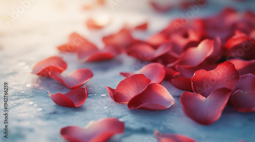 Red Rose Petals on Frosted Surface, Romantic Elegance