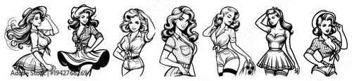 Retro Pinup Girl Character Set Vector Sketches Beautiful Women in Vintage Fashion Poses for 1950s Style Design