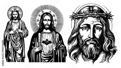 Jesus Christ Religious Portraits Set Vector Illustration Sacred Heart and Crown of Thorns Christian Faith Sketches