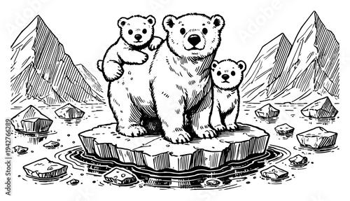 Polar Bear Family with Cubs on Ice Floe Vector Sketch Arctic Landscape and Wildlife Nature Conservation Illustration