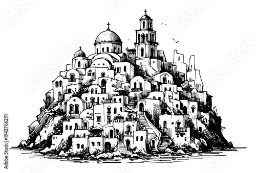 Santorini Greece Mediterranean Hillside Village Sketch Vector Illustration Hand Drawn Coastal Architecture with Domes and Bell Towers