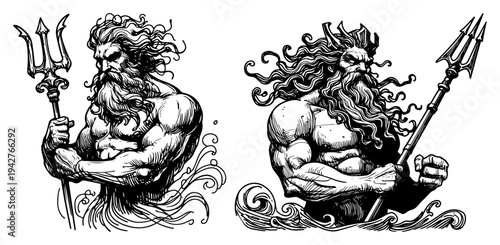 Poseidon Neptune Greek God of the Sea Sketch Vector Illustration Mythological Character with Trident and Waves for Mascot or Tattoo Design