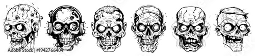Scary Zombie Characters Head Set Vector Sketch Illustration Undead Monsters with Unique Details for Horror Themed Graphic Design