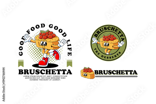 Bruschetta dessert retro cartoon character illustration with dancing pose for bakery and pastry. Cherry bruschetta mascot badge patch sticker for merchandise
