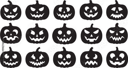 Collection of spooky black jack-o-lanterns on white background
