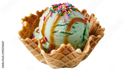 Photography Isolated light green ice cream with caramel and sprinkles in a waffle bowl on a