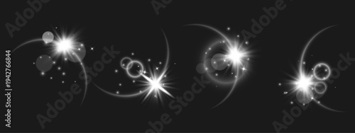 White light halo effects set. Four glowing rings with star bursts, curved arcs, bokeh circles, sparkle dots on black backdrop. Neon eclipse glow elements. Space overlay, magic poster design. Vector.