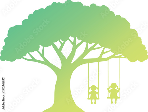 Lime green tree with children on swings