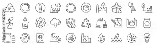 Circular economy recycling line icon set. Recycled material, plastic bottle loop, zero waste factory, refill system, ocean pollution, lifecycle assessment outline vector illustrations.