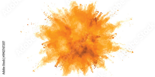 A vibrant orange powder explosion isolated on a clean white background, creating a dynamic burst effect.