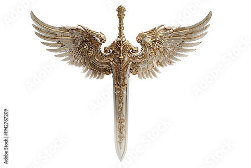 Angelic sword with large wings design isolated on transparent background