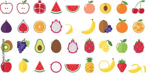 Colorful Fruit Icon Set Featuring Apple, Watermelon, Banana, Orange, Grapes, Strawberry, Pineapple, and Other Fresh Fruit Illustrations