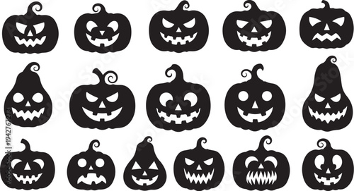 Halloween Pumpkins with Various Spooky Faces and Expressions