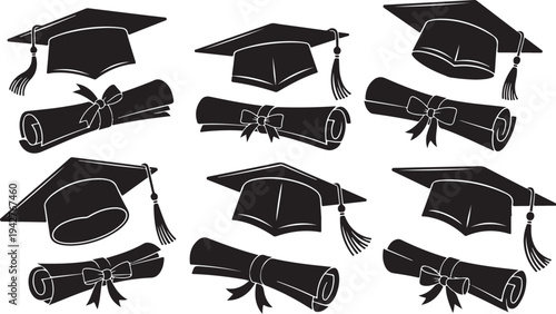 Graduation caps and diplomas illustration set in black and white