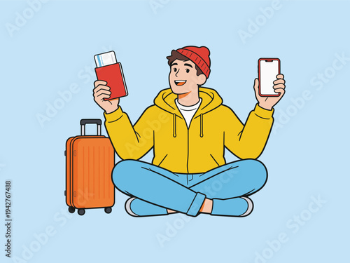 Happy young traveler planning a trip with passport, ticket, smartphone, and suitcase