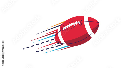 Red and white American football flying through the air with colorful motion lines representing a fast throw or kick during a game.