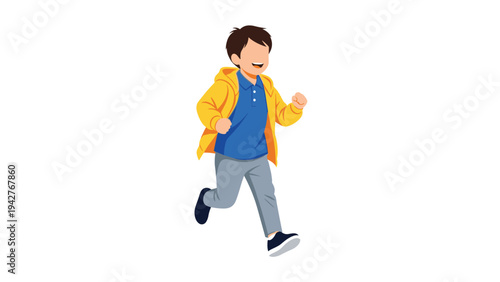 Young boy with dark hair wearing a yellow jacket and blue polo shirt is running happily against a clean white background.