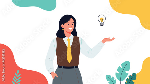Confident businesswoman wearing a brown vest and yellow tie holds a glowing light bulb symbolizing a new creative idea or solution.