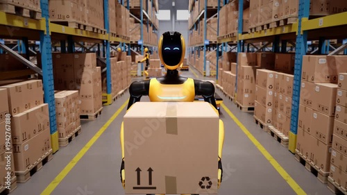 Wallpaper Mural AI-powered humanoid robot walking along aisle in automated distribution center carrying a cardboard box. Future of industrial warehouse automation and AI robotics. 3d animation rendering Torontodigital.ca