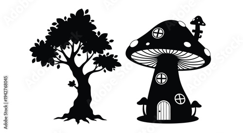 Whimsical black silhouette of a tree and a fairy tale mushroom house