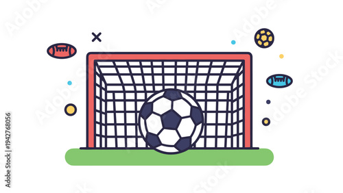 Soccer ball sits inside a goal net on a green field surrounded by various colorful sports icons and simple geometric shapes.