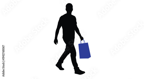 Silhouette of a man walking while carrying a blue shopping bag