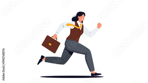 Determined businesswoman in a brown vest and grey trousers runs quickly with a brown briefcase in her hand on a white background.