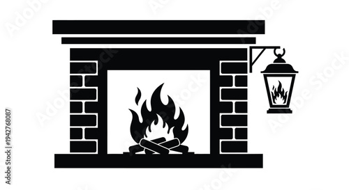 A black and white illustration of a brick fireplace with burning flames