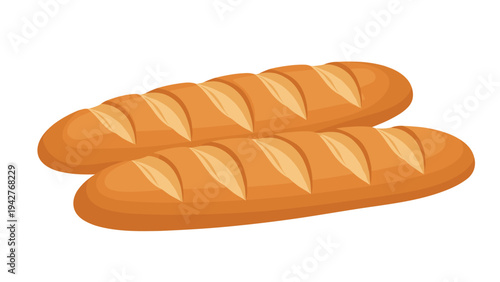 Two long loaves of freshly baked crusty French baguette bread are positioned diagonally across a clean white background for a bakery.