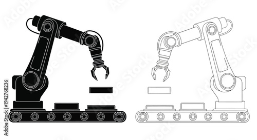 Industrial robotic arms in black and white line art illustration
